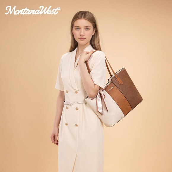 Women Beige With Brown Imported Vegan Leather Medium Top Handle Satchel Tote Bag - Picture 6 of 6